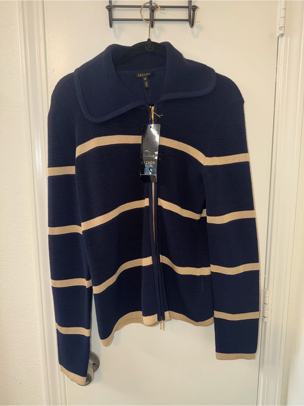 Escada Navy and Beige Striped Zip-Up Knit Sweater